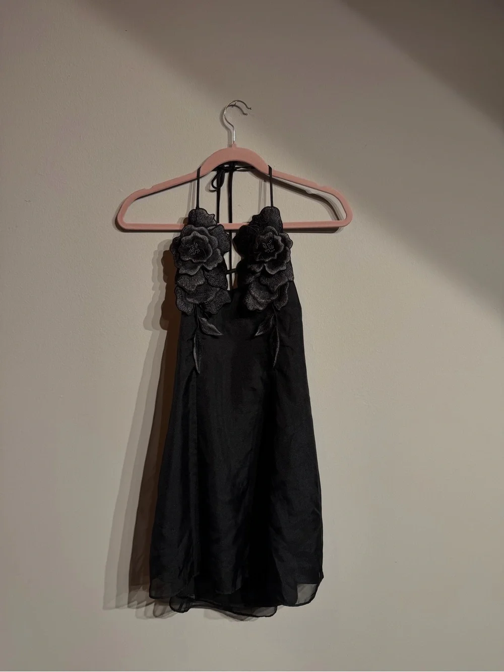 JW PEI Black Halter Mini Dress with 3D Floral Appliqué - Picture 3 of 5